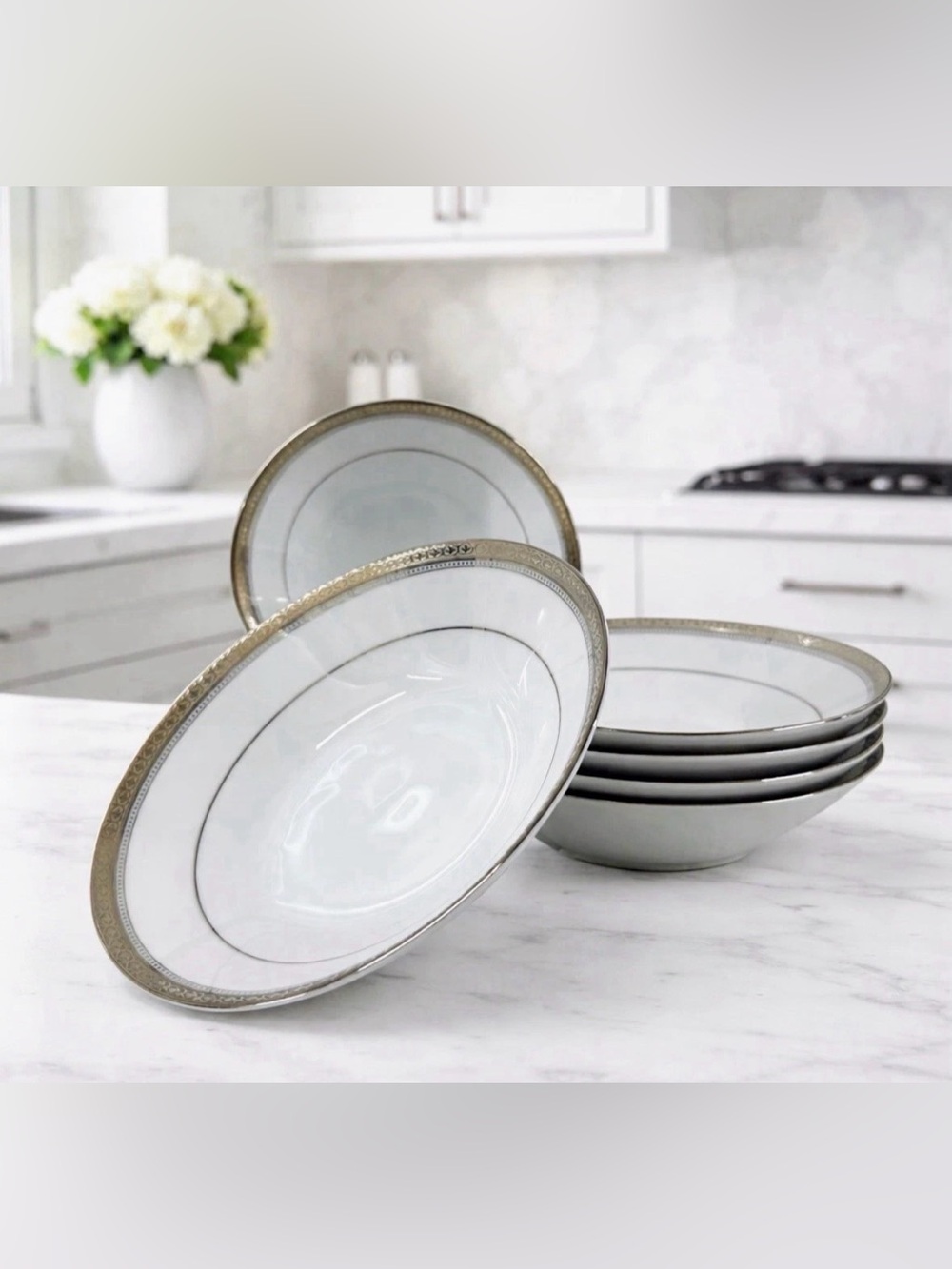 Noritake Manor Platinum 4297 Coupe Soup Bowls 7.5” Fine China Set Of 6
